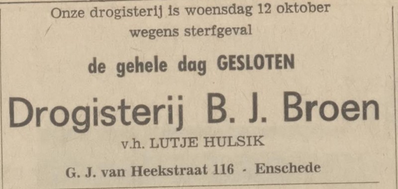 G.J. van Heekstraat 116 Drogisterij B.J. Broen v.h. Lutje Hulsik advertentie Tubantia 10-10-1966.jpg