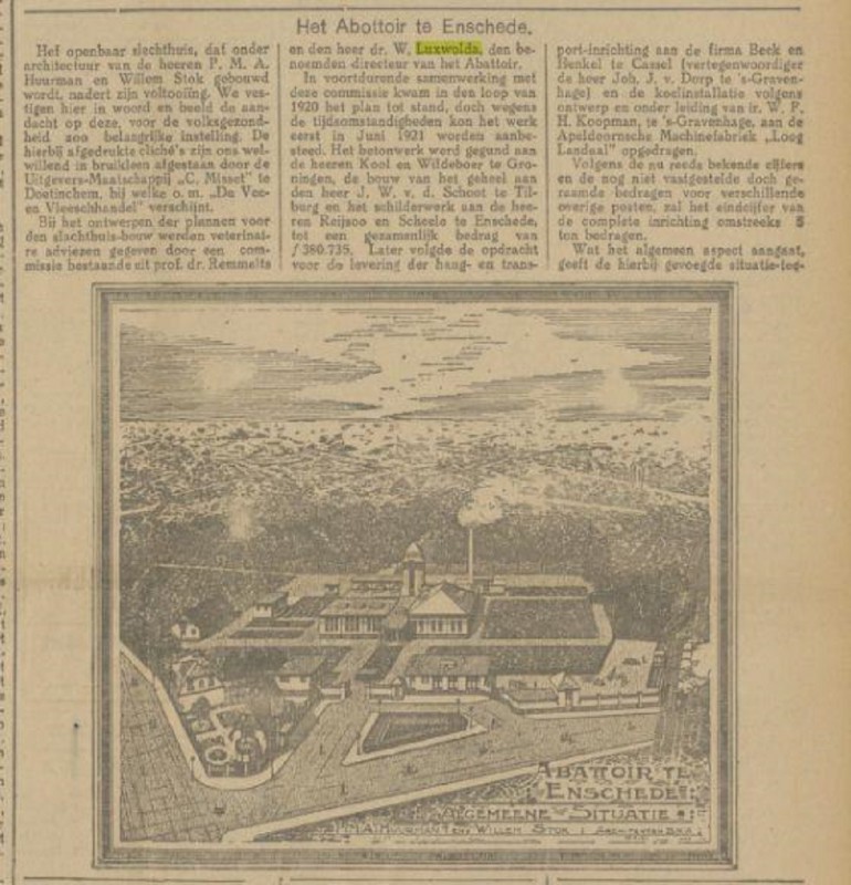 Volksparksingel 1 Dr. W. Luxwolda directeur Abattoir krantenbericht 29-7-1922.jpg