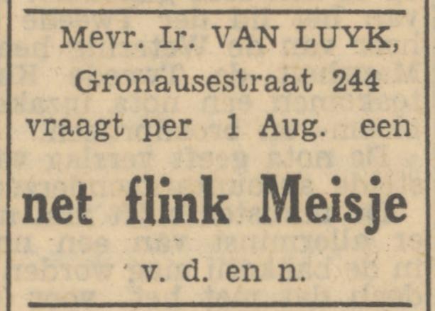 Gronausestraat 244 Mevr. Ir. van Luyk advertentie Tubantia 20-6-1951.jpg