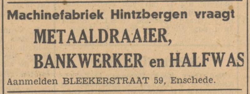 Blekerstraat 59 Machinefabriek Hintzbergen advertentie Tubantia 10-2-1949.jpg