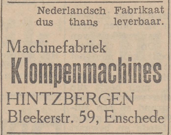 Blekerstraat 59 Machinefabriek Hintzbergen advertentie Dagblad van Noord-Brabant 24-8-1940.jpg