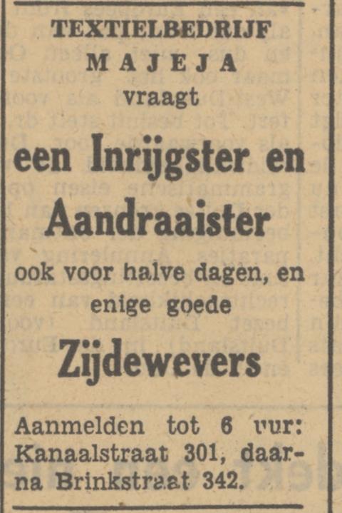 Kanaalstraat 301 Textielbedrijf Majeja advertentie Tubantia 12-8-1949.jpg