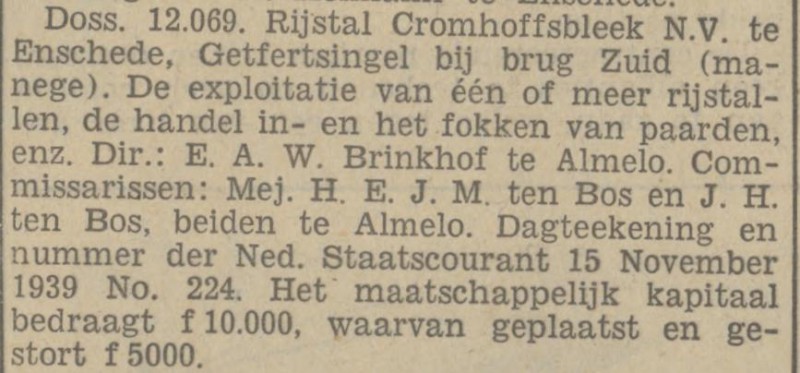 Getfertsingel bij brug Zuid. Manege rijstal Cromhoffsbleek. karantenbericht Tubantia 4-12-1939.jpg