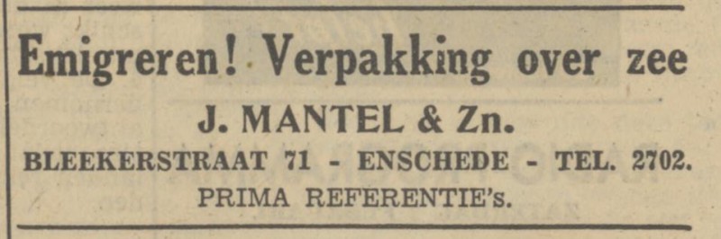 Blekerstraat 71 J. Mantel & Zn. advertentie Tubantia 2-2-1951.jpg