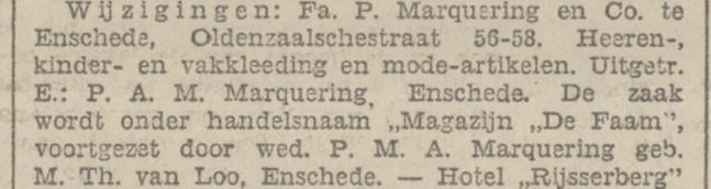 Oldenzaalsestraat 58 Fa. Marquering en Co. Heren- en kinderkleding Magazijn de Faam krantenbericht 20-12-1929.jpg