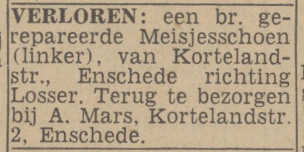 Kortelandstraat 2 schoenmakerij A. Mars advertentie Twentsch nieuwsblad 17-12-1942.jpg