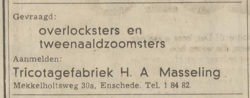 Mekkelholtsweg 30A Tricotagefabriek H.A. Masseling advertentie Tubantia 20-2-1970.jpg