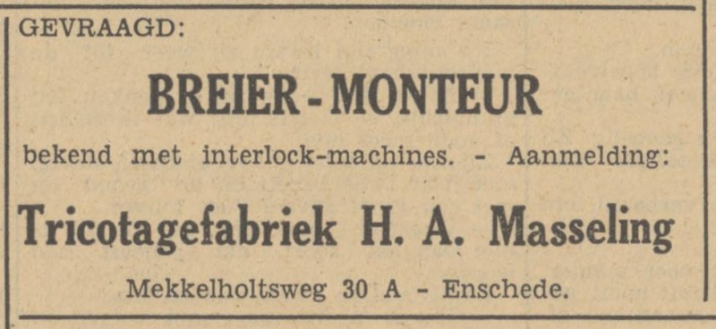 Mekkelholtsweg 30A Tricotagefabriek H.A. Masseling advertentie Tubantia 30-6-1949.jpg