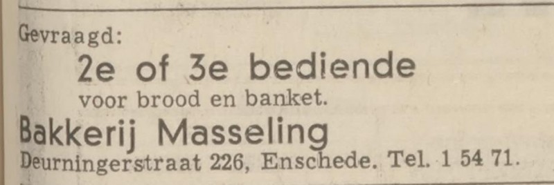 Deurningerstraat 226 Bakkerij Masseling advertentie Tubantia 18-2-1970.jpg