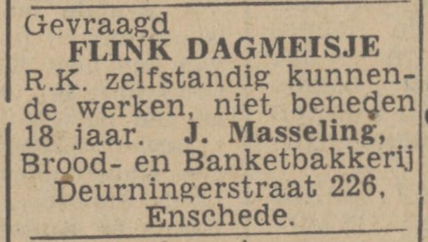 Deurningerstraat 226 J. Masseling brood- en banketbakkerij advertentie Twentsch nieuwsblad 17-3-1943.jpg