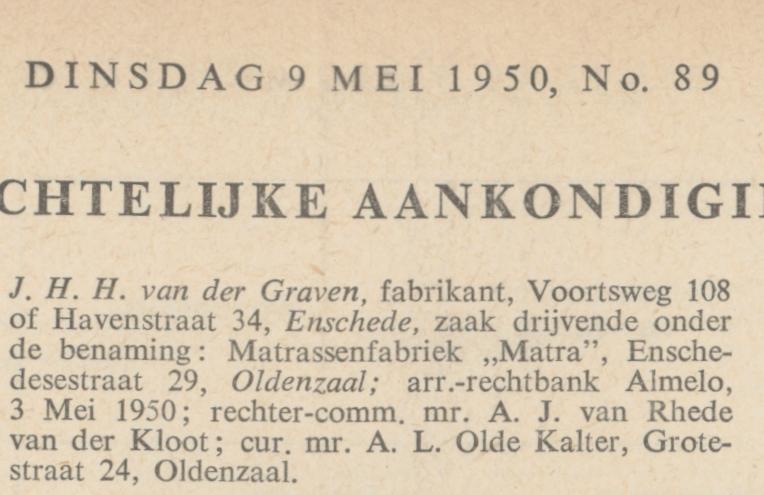 Voortsweg 108 Matrassenfabriek Matra J.H.H. van der Graven krantenbericht Nederlandsche Staatscourant 9-5-1950.jpg