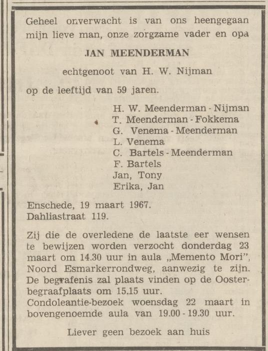Dahliastraat 119 Jan Meenderman overlijdensadvertentie Tubantia 21-3-1967.jpg