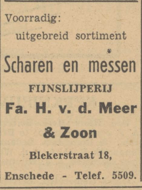 Blekerstraat 18 Fijnslijperij H. v.d. Meer advertentie Tubantia 24-11-1951.jpg
