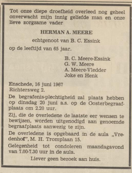 Richtersweg 2 H.A. Meere overlijdensadvertentie Tubantia 17-6-1967.jpg