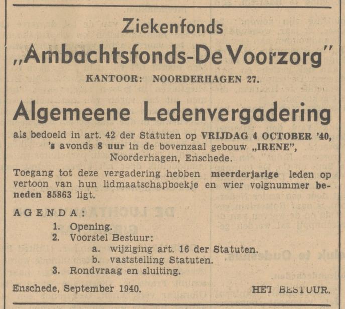 Noorderhagen 27 Ziekenfonds Ambachtsfonds De Voorzorg advertentie Tubantia 25-9-1940.jpg