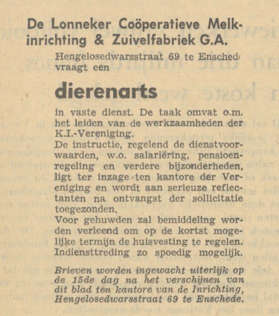 Hengelosedwarsstraat 69 Lonneker Coöperatieve Melkinrichting & Zuivelfabriek G.A. advertentie Algemeen Handelsblad 4-8-1956.jpg