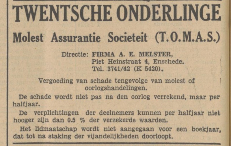 Piet Heinstraat 4 Fa. A.E. Melster advertentie Tubantia 28-8-1940.jpg