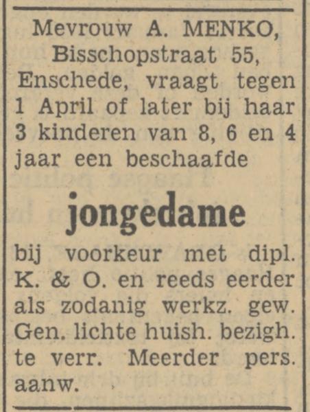 Bisschopstraat 55 A. Menko advertentie Tubantia 13-3-1951.jpg