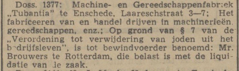 Laaresstraat 3-7 Machine- en Gereedschappenfbriek Tubantia krantenbericht Tubantia 3-9-1941.jpg
