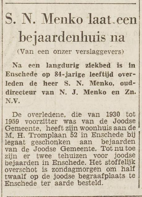 M.H. Tromplaan 52 S.N. Menko krantenbericht Het Vrije Volk 29-1-1962.jpg