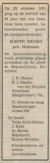 Hengelosestraat 70a J. Menko-Hedeman overlijdensadvertentie Tubantia 25-10-1971.jpg