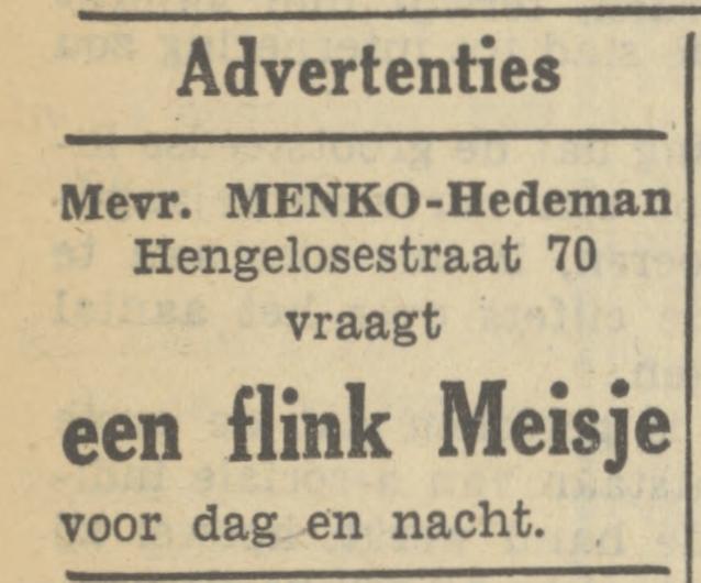 Hengelosestraat 70 Mevr. N.J. Menko-Hedeman advertentie Tubantia 7-2-1950.jpg