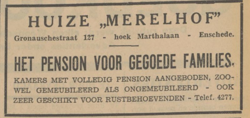 Gronausestraat 127 hoek Marthalaan Huize De Merelhof advertentie Tubantia 25-1-1936.jpg