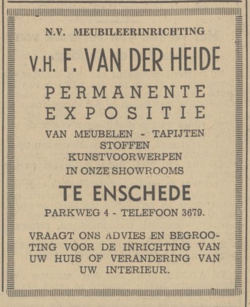 Parkweg 4 N.V. Meubileerinrichting v.h. F. van der Heide  advertentie Tubantia 30-9-1939.jpg