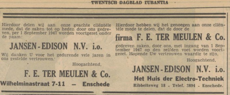 Wilhelminastraat 7-11 F.E. ter Meulen & Co. advertentie Tubantia 30-8-1947.jpg