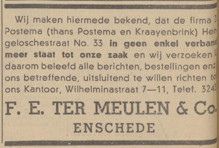 Wilhelminastraat 7 F.E. ter Meulen & Co. advertentie Tubantia 7-7-1938.jpg