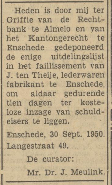 Langestraat 49 Mr. Dr. J. Meulink Advocaat en Procureur advertentie Tubantia 2-10-1950.jpg