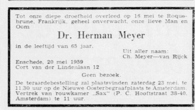 Cort van der Lindenlaan 12 H. Meyer overlijdensadvertentie De Telegraaf 24-5-1959.jpg