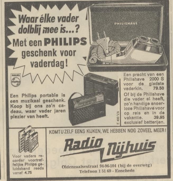 Oldenzaalsestraat 94-96-104 Radio Nijhuis  vaderdagadvertentie Tubantia 9-6-1966.jpg