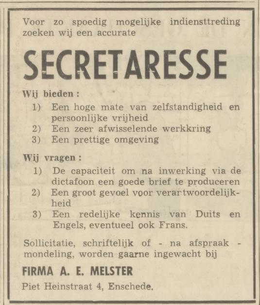 Piet Heinstraat 4 Firma A.E. Melster advertentie Tubantia 8-10-1969.jpg