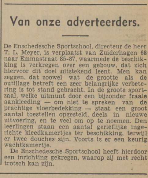 Emmastraat 85-87 Enschedesche Sportschool T.L. Meyer krantenbericht Tubantia 7-4-1941.jpg