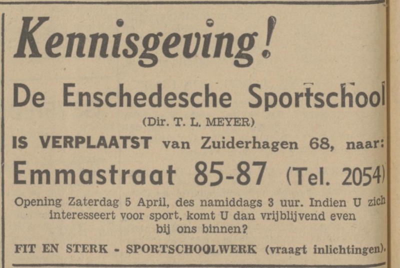 Emmastraat 85-87 Enschedesche Sportschool T.L. Meyer advertentie Tubantia 4-4-1941.jpg