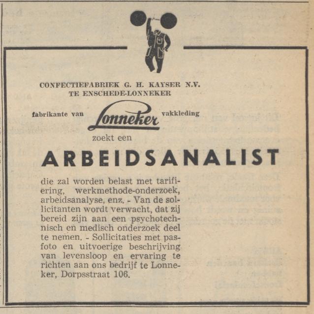 Dorpsstraat 106 Lonneker Confectiefabriek G.H. Kayser N.V. advertentie De Volkskrant 2-9-1959.jpg