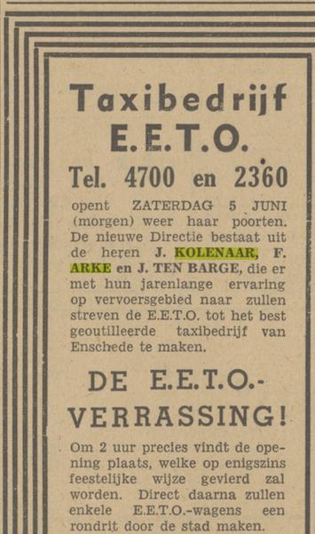 Deurningerstraat Taxibedrijf E.E.T.O. van J. Kolenaar, F. Arke en J. ten Barge advertentie Tubantia 4-6-1948.jpg