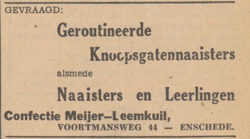 Voortmansweg 44 Confectie Meijer-Leemkuil advertentie Tubantia 13-1-1949.jpg