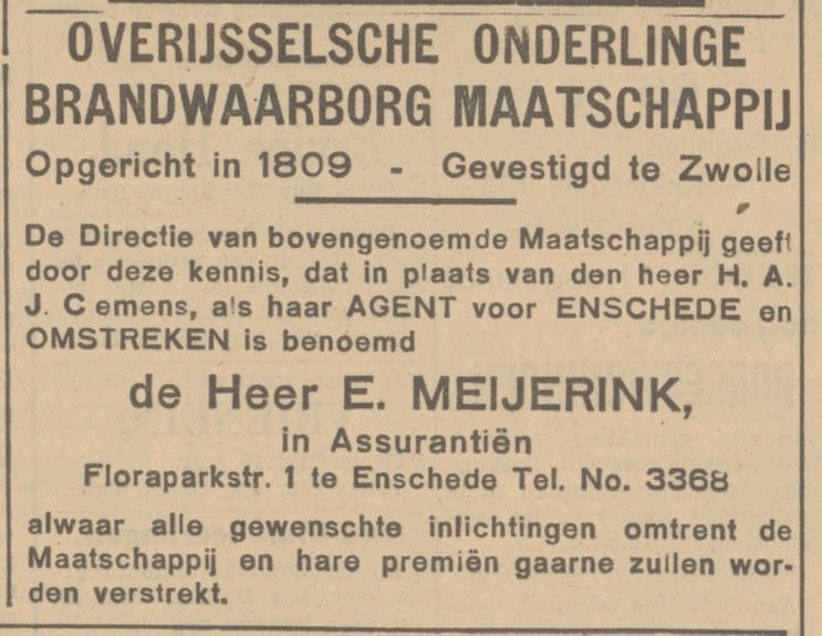 Floraparkstraat 1 E. Meijerink Assurantiën advertentie Tubantia 23-12-1933.jpg