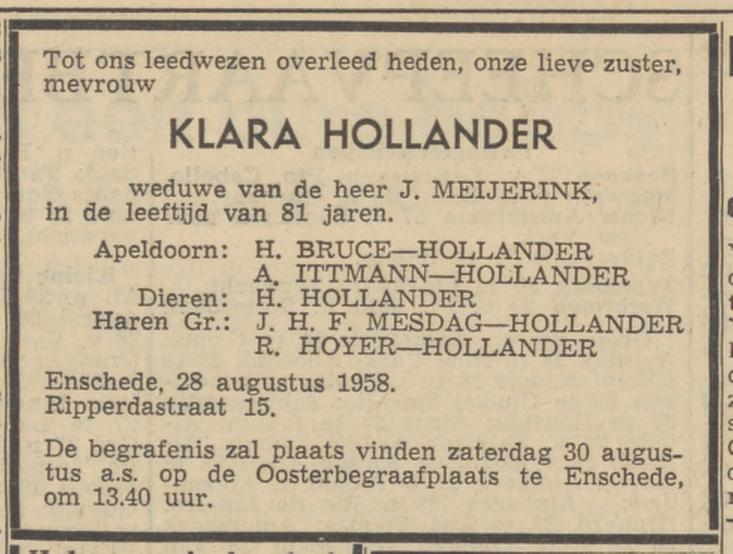Ripperdastraat 15 Klara Meijerink-Hollander over;ijdensadvertentie 29-8-1958.jpg