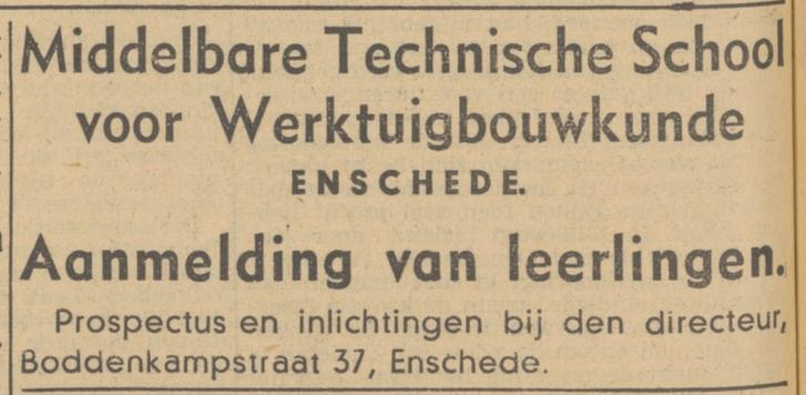 Boddenkampstraat 37 Middelbare Technische School voor Werktuigbouwkunde advertentie Tubantia 9-4-1940.jpg