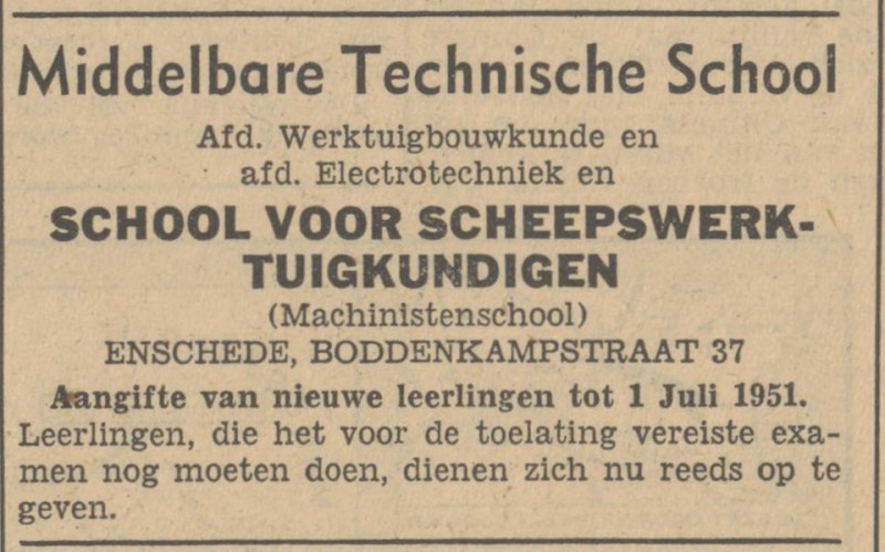 Boddenkampstraat 37 Middelbare Technische School voor Scheepswerktuigkundigen Machinistenschool advertentie Tubantia 23-6-1951.jpg