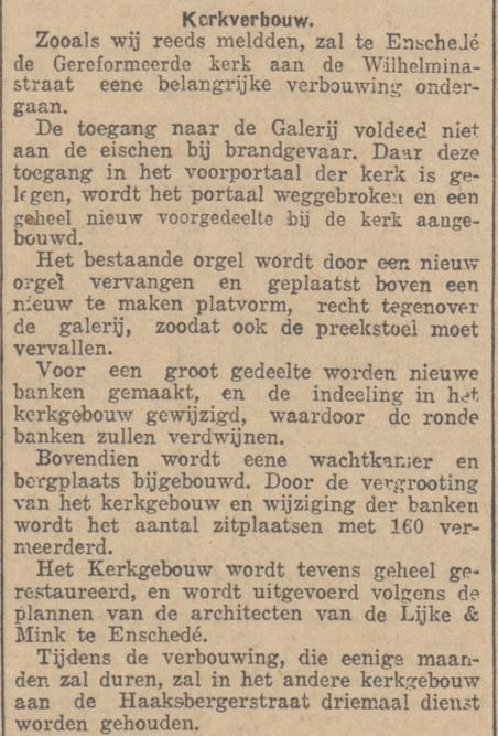 Wilhelminastraat Gereformeerde Kerk verbouwing volgens plannen van arcxhitecten v.d. Lijke & Mink. krantenbericht 24-8-1923.jpg
