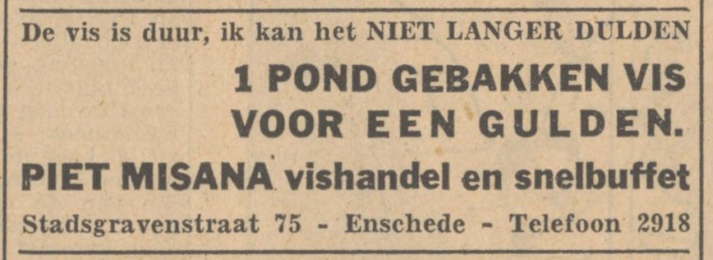 Stadsgravenstraat 75 Piet Misana vishandel en snelbuffet advertentie Tubantia 4-2-1949.jpg