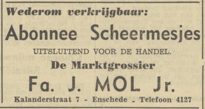 Kalanderstraat Fa. J. Mol Jr. advertentie Tubantia 28-3-1950.jpg
