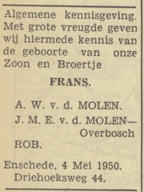 Driehoeksweg 44 A.W. v.d. Molen advertentie Tubantia 6-5-1950.jpg