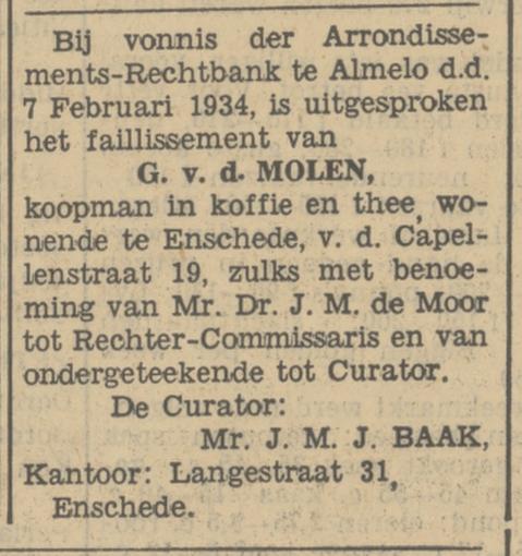 van der Capellenstraat 19 G. v.d. Molen krantenbericht Tubantia 10-2-1934.jpg