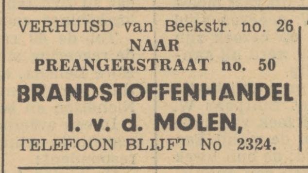 Preangerstraat 50 Brandstoffenhandel J. v.d. Molen advertentie Tubantia 9-5-1940.jpg