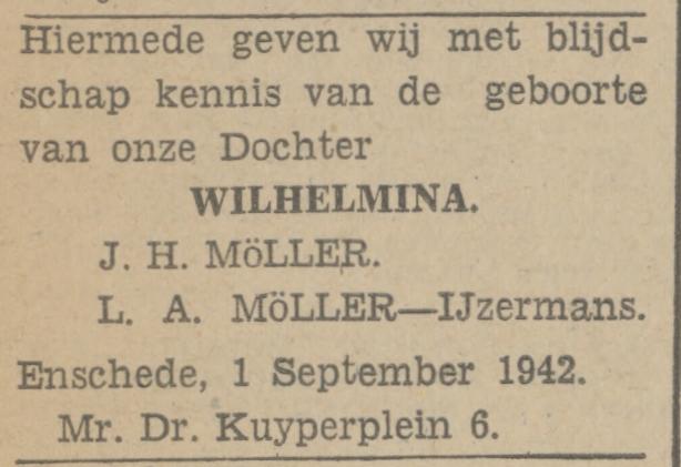 Minister Dr. Kuyperplein 6 J.H. Möller advertentie Tubantia 2-9-1942.jpg